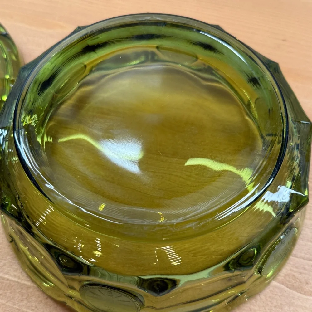 Vintage fostoria olive green coin glass covered dish ,collection by fostoria